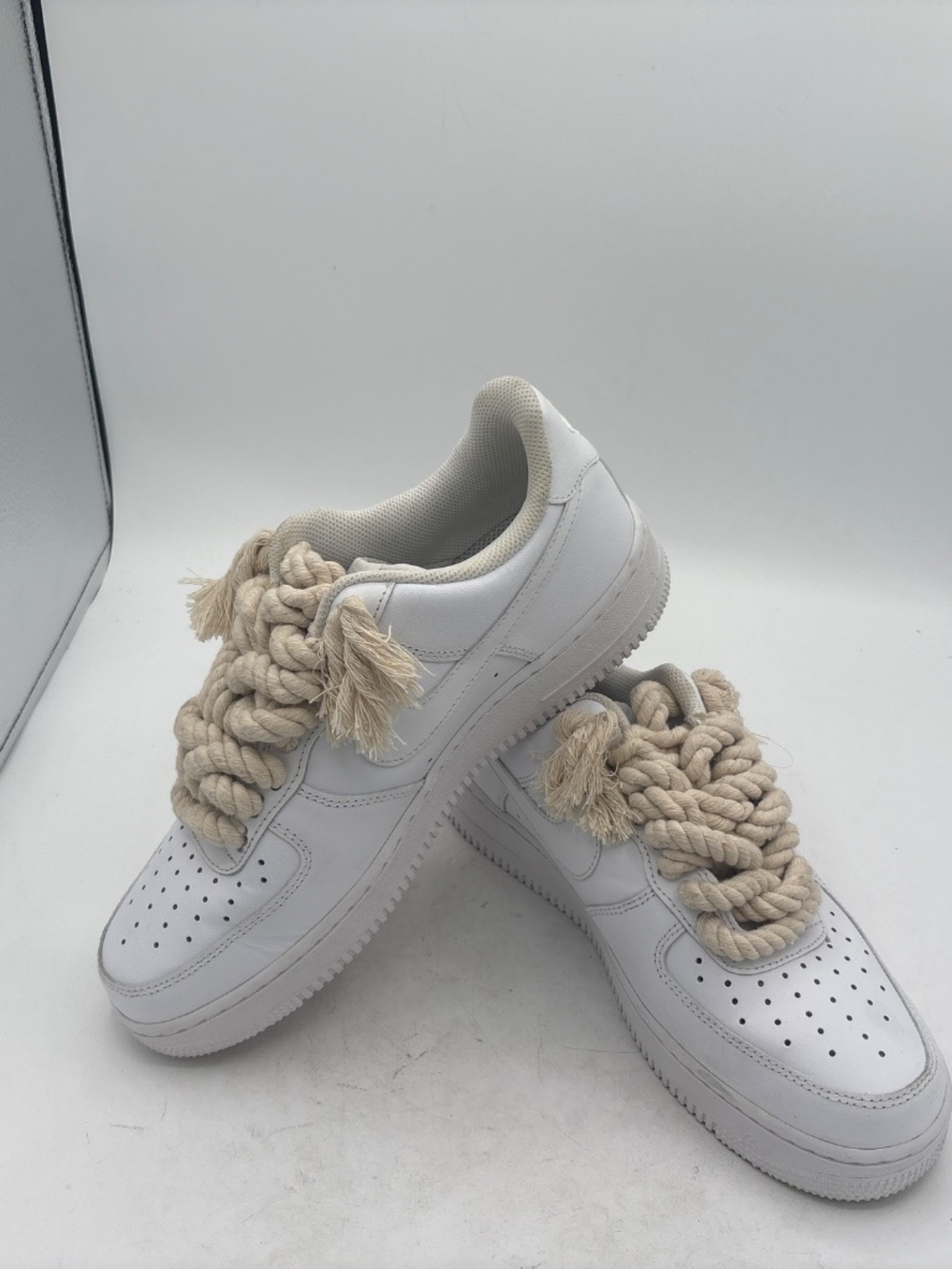 Nike Air Force 1 White with Chunky Beige Tan Rope Laces Men's 9.5